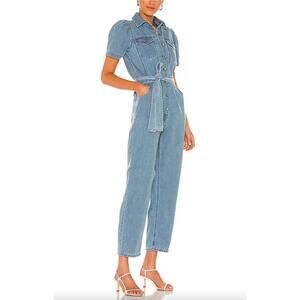 Boyish Light Blue Denim‎ Puff Short Sleeve Belted Jumpsuit Coveralls Vincent XS